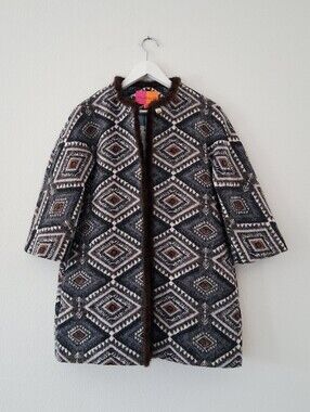 Vilagallo Swing Trapeze Coat Southwestern Tribal Geometric Fur Trim Cotton Wool